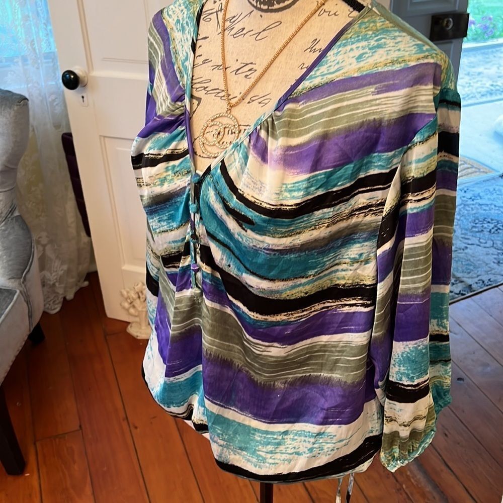 Zac & Rachel Abstract Stripes Satiny Blouson Top Sz L EUC - Picture 2 of 10